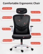 Ergonomic Office Chair, Adjustable Lumbar Support & Headrest & 35° Recline Executive Chair, Breathable Comfortable Swivel Mesh Gaming Chair for Home, Office and Study (White) - Image 4