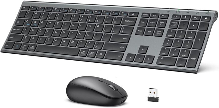 iClever Bluetooth Keyboard and Mouse Set DK03, Rechargeable Dual-Mode (Bluetooth + 2.4G) Wireless Keyboard and Mouse Set, Ultra-Slim Multi-Device Keyboard for Mac, iPad, Apple, Android, Win,Grey Black