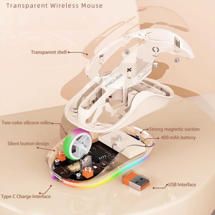 PUCHEN Upgraded Wireless Gaming Mice, Ergonomically Designed, Fully Transparent PC Shell, Adjustable DPI Silent Mouse, 3 Modes 2.4G/BT 1/BT 2 Mouse, Rechargeable Quiet Mouse (Khaki) - Image 4