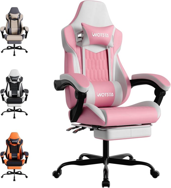 Gaming Chair, Ergonomic Gaming Chair with Footrest and Lumbar Support, Computer Chairs, Height Adjustable Computer Racing Gamer Chairs for Gaming or Office, Pink White