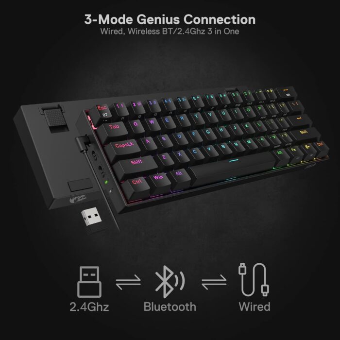 Redragon K530 Pro Draconic 60% Wireless RGB Mechanical Keyboard, Bluetooth/2.4Ghz/Wired 3-Mode 61 Keys Compact Gaming Keyboard w/100% Hot-Swap Socket, Free-Mod Plate Mounted PCB & Tactile Brown Switch - Image 2