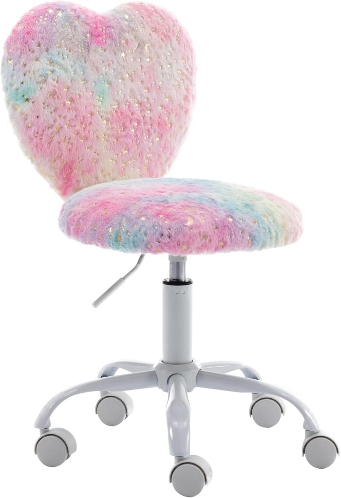 DM Furniture Small Kids Chair, Cute Heart Girls Desk Chair, Rolling Study Chair Furry Pink Computer Chair, Faux Fur Swivel Vanity Chair for Children Bedroom/Study, Colorful