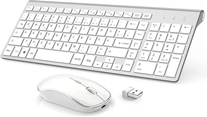 Wireless Keyboard and Mouse Combo Rechargeable J JOYACCESS 2.4G Ergonomic and Slim Quiet Click Compact Designed for Windows, PC, Laptop,Tablet(Silver)