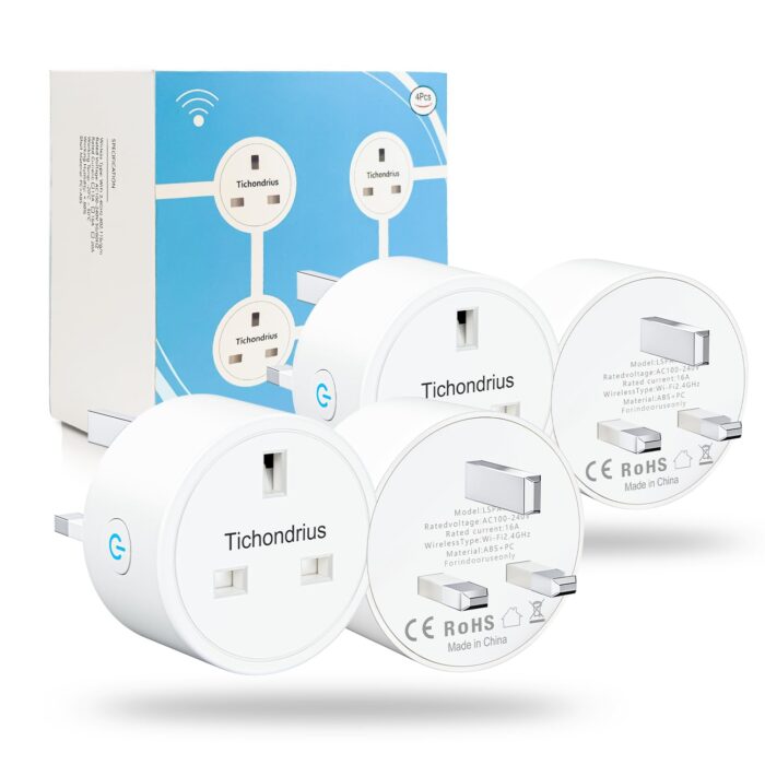 Tichondrius WiFi Smart Plug, 4 Pack 16A Smart Outlet Plug Socket Compatible with Alexa, Mini Socket with Remote Control & Voice Control with Electricity Statistics Timer Function, No Hub Required