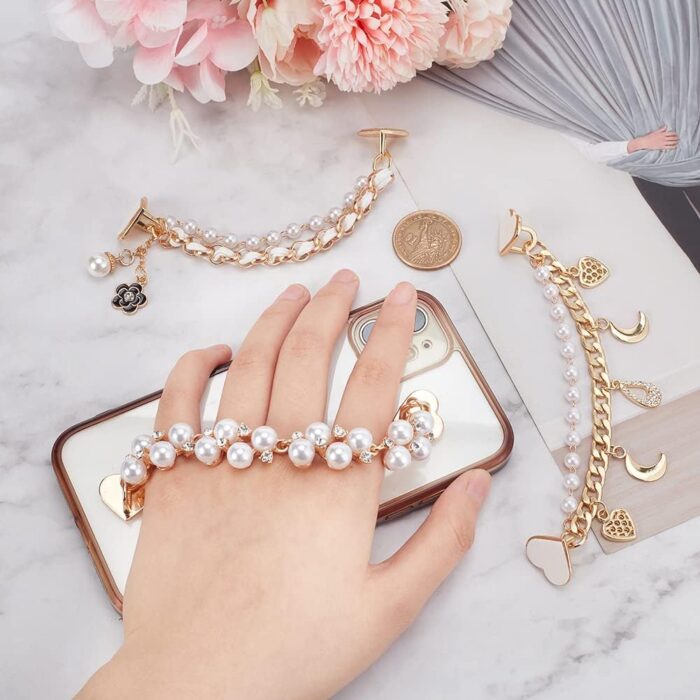 Beaded Cell Phone Chain Charms, Pearl Phone Chain Decoration, Lanyard Heart Moon Beaded Phone Charm Strap Crystal Rhinestone Diamond Gold Chain Universal Mobile Phone Finger Strap for Women(3Pcs) - Image 8