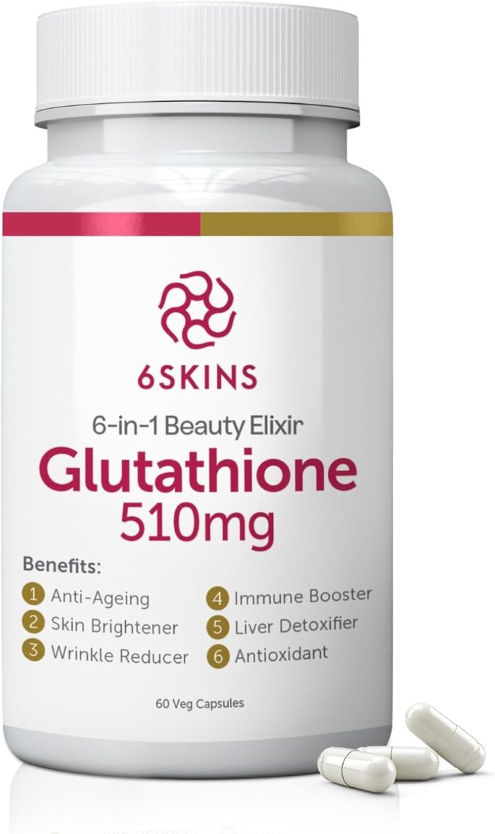 6SKINS® 6in1 Beauty Elixir with L-Glutathione 510mg, NAC 102mg & Hyaluronic Acid 150mg Glutathione Supplement with 4x Absorption – Immune & Liver Support, Powerful Antioxidant for Skin – 60 Capsules