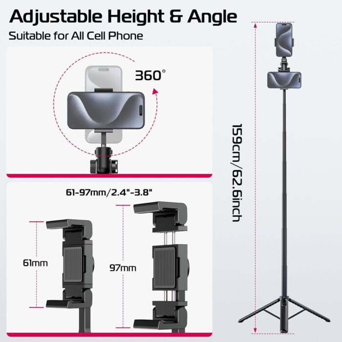 ULANZI MT-70 Extendable Tripod, 63" Selfie Stick Vlog Tripod Stand with 2 Phone Clips, 360 Rotate Dual Camera Holder for iPhone, Sony, Canon, GoPro, Lightweight for Travel, Black - Image 4