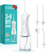 COSLUS Water Flosser for Teeth Braces Gums Care - Portable Oral Irrigador with 3 Modes & 8 DIY Levels for Multiple Users, Cordless for Travel, 300ML, BPA-Free, Home Use, White C30(FC5360)