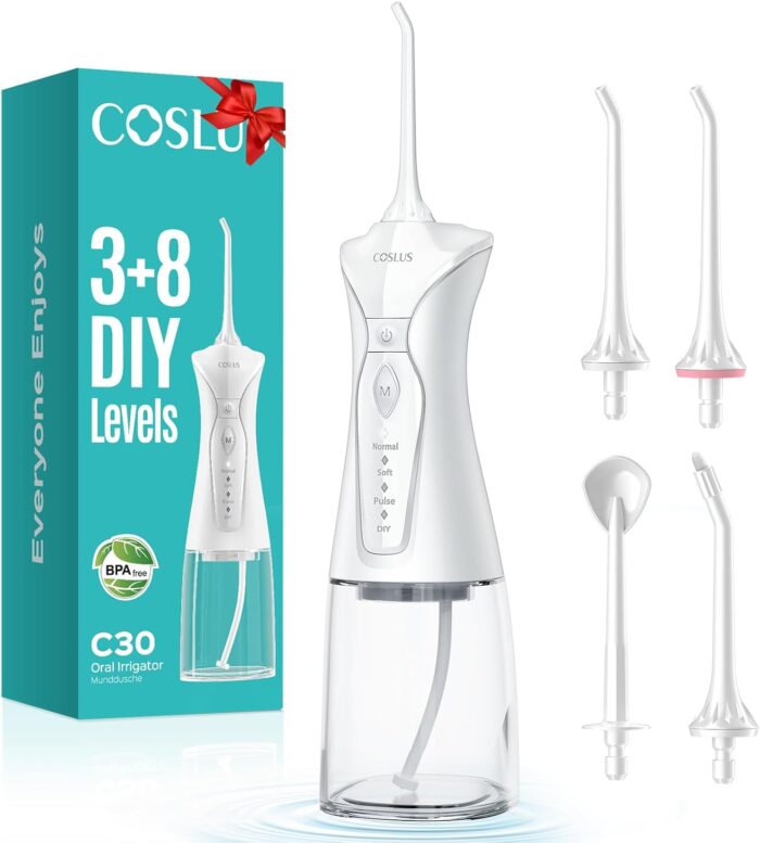 COSLUS Water Flosser for Teeth Braces Gums Care – Portable Oral Irrigador with 3 Modes & 8 DIY Levels for Multiple Users, Cordless for Travel, 300ML, BPA-Free, Home Use, White C30(FC5360)
