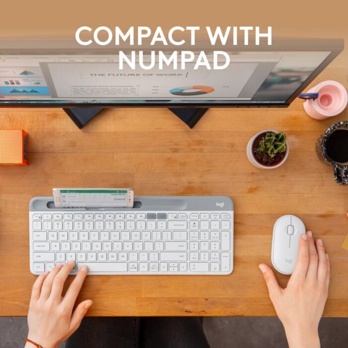 Logitech K580 Slim Multi-Device Wireless Keyboard - Bluetooth/Receiver, Compact, Easy Switch, 24 Month Battery, Win/Mac, Desktop, Tablet,Smartphone, Laptop Compatible, English+Arabic Keyboard - White - Image 3