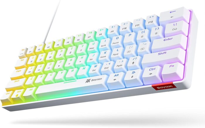 Baytion Mechanical Gaming Keyboard, 61 Keys Ultral Compact Wired Keyboard with Blue Switches and RGB Backlit for iOS, Android and Windows, White