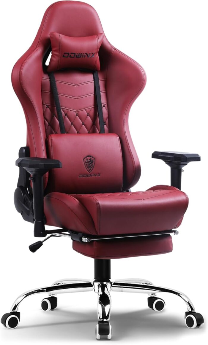 Dowinx Multi-Functional Gaming Chair, Ergonomic High Back Reclining & Height Adjustable PU Leather Computer Chairs with Massage Cushion, Neck & Lumbar Support, Armrests, Footrest (Maroon)