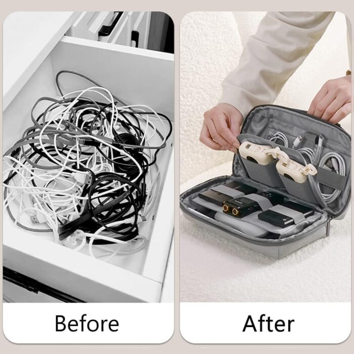 Electronic Digital Accessories Organizer, Waterproof Double-Layer Travel Storage Pouch for Cables, Chargers, Flash Drives, SD Cards, Power Banks, and Mini Tablets – Universal Carrying Case (Grey) - Image 3