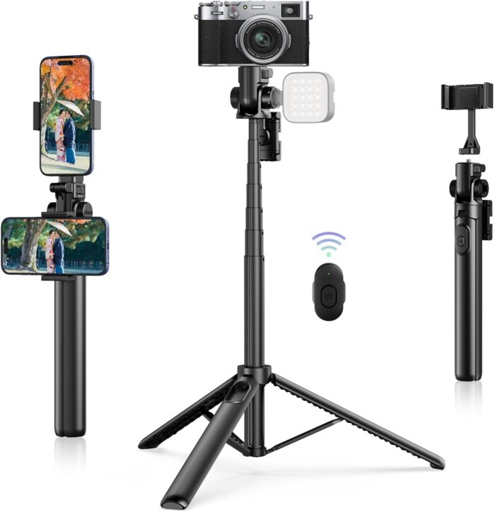 ULANZI MT-70 Extendable Tripod, 63″ Selfie Stick Vlog Tripod Stand with 2 Phone Clips, 360 Rotate Dual Camera Holder for iPhone, Sony, Canon, GoPro, Lightweight for Travel, Black