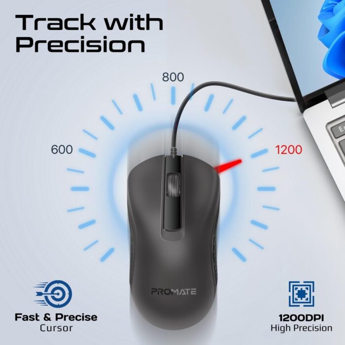 Promate Wired Keyboard and Mouse Combo, Ergonomic Slim Full-Size Quiet Keyboard, 2400 DPI Ambidextrous Mouse, Spill-Resistance, Media Keys, Plug and Play for iMac, MacBook Pro, Dell, COMBO-CM6.E/A - Image 6