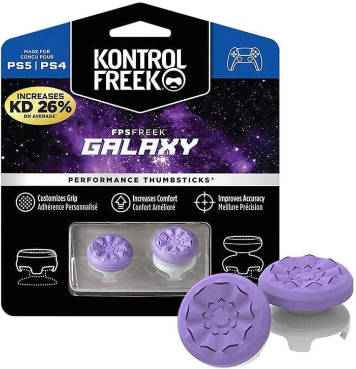 FPS Freek Galaxy Purple for PlayStation 4 (PS4) and PlayStation 5 (PS5), Performance Thumbsticks, 3D Texture Thumb Grip Stick Joystick Thumbstick, Thumbstick Extender for PS5 (1 High-Rise, 1 Mid-Rise)