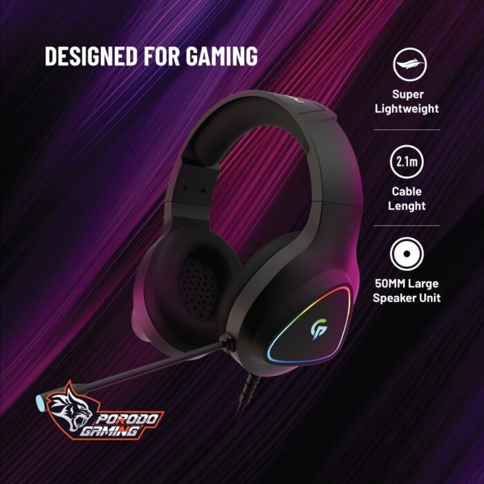Porodo RGB Wired Gaming Headphone with Noise Cancelling, 3D Dimensional HD Sound, RGB Breathing Light Gaming Headset, 3.5mm Dual Audio Jack, Omni-Directional Microphone, 2.1m Cable - Black - Image 3