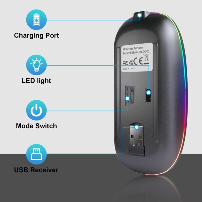 Necomi Wireless Bluetooth Mouse, LED Slim Dual Mode (Bluetooth 5.1 + USB) 2.4GHz Rechargeable Silent Bluetooth Wireless Mouse, Computer Mice with USB Receiver(Black) - Image 9