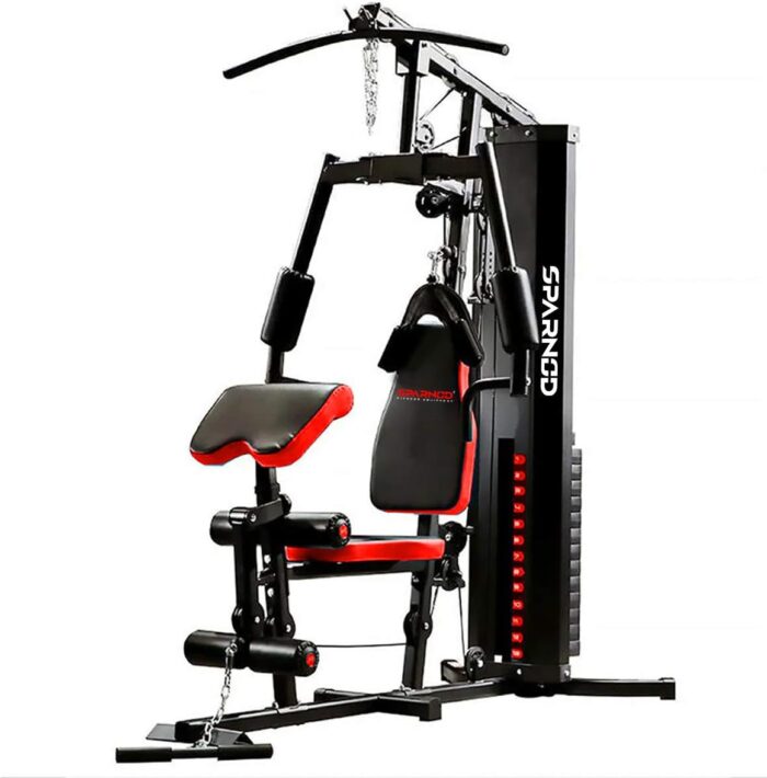 Sparnod Fitness Multifunctional Home Gym Station: Heavy-Duty Steel Construction, 20+ Exercises for a Full Body Workout, Adjustable Seat & Back Cushion, Weight Stack, Smooth Operation Free Installation