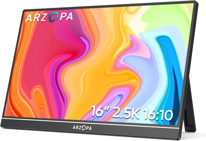 ARZOPA 16″ 2.5K Portable Monitor, 2560×1600 QHD IPS Display 123% sRGB with Built-in Stand USB-C HDMI Eye Care External Second Screen for Mac Laptop Phone PS4/5 Xbox Switch -Z1RC
