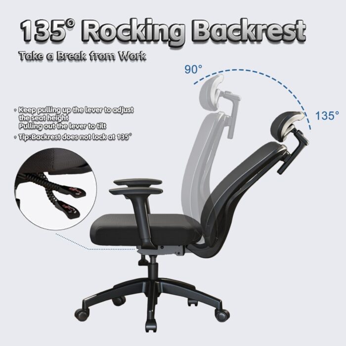 Ergonomic Office Chair, Computer Chair, Adjustable Desk Chairs with 2D Lumbar Support 3D Armrests Headrest, 135° Rocking Backrest, High Back Breathable Mesh Reclines Chairs for Office Study Gaming - Image 4
