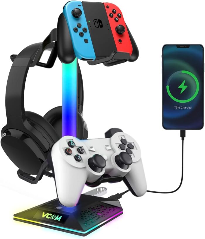 VCOM RGB Headphone Stand with 10 Light Modes, Gaming Controller Holder with 2 USB Ports, PC Gaming Accessories for Desk, Universal Organizer Headpsets/Xbox PS5 Controller Stand Gamer gifts