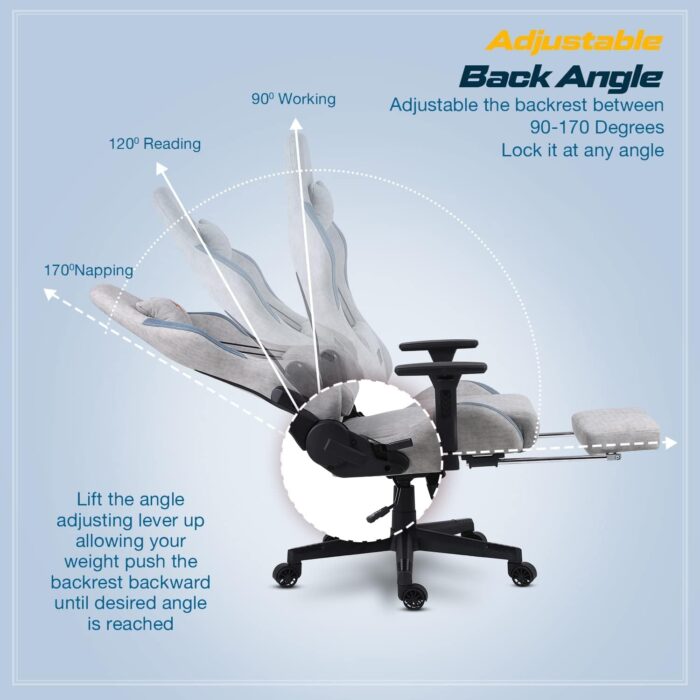 BAYBEE Drogo Multi-Purpose Ergonomic Gaming Chair with 7 Way adjustable Seat with 3D Armrest, Fabric, Head & USB Massager Lumbar Pillow, Office Desk Chair with Full Recliner Back & Footrest(Grey) - Image 7