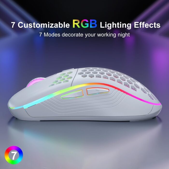 Azonee Wireless Mouse Wireless Gaming Mouse, Rechargeable Pc Mouse with RGB Backlight 6 Buttons Adjustable Lightweight Honeycomb Shell for Laptops, PC, Computers, Etc. (Wireless White) - Image 4