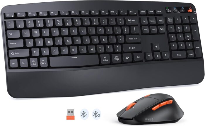 MEETION Wireless Keyboard and Mouse, 2.4G & Bluetooth Keyboard Mouse Combo, Full Size Keyboard with Wrist Rest, Swing Wheel Silent Optical Mouse, USB-A Reciver, for Windows/Mac/Computer/Laptop, Black