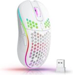 Azonee Wireless Mouse Wireless Gaming Mouse, Rechargeable Pc Mouse with RGB Backlight 6 Buttons Adjustable Lightweight Honeycomb Shell for Laptops, PC, Computers, Etc. (Wireless White)