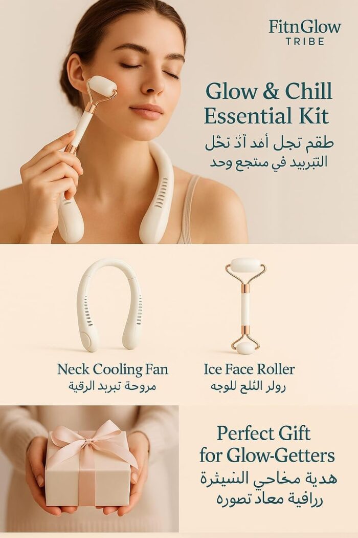 Neck Cooling Fan & Ice Face Roller | 2-in-1 Wellness & Beauty Kit for Daily Use, Travel, Sports & Skincare Refresh | Gift Set for Women, Men & Teens (Pink) - Image 7