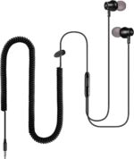 C G CHANGEEK Extra Long Wired Headphone for TV with 12FT Spring Coiled Extension Cable, Earphones Earbuds for 3.5mm Audio Output Devices, Metal Stereo Bass in-Ear Headset with Volume Control-ChanGeek