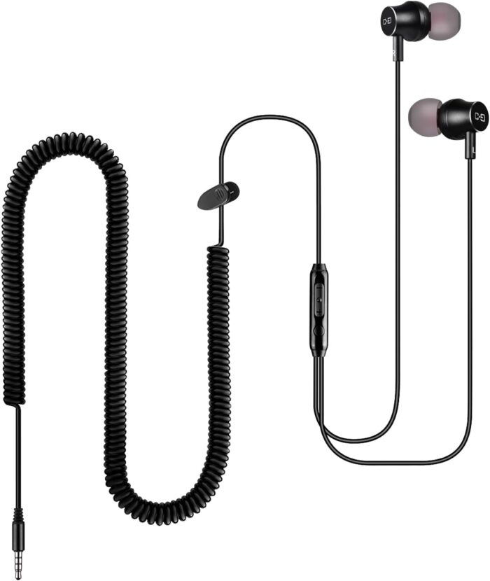 C G CHANGEEK Extra Long Wired Headphone for TV with 12FT Spring Coiled Extension Cable, Earphones Earbuds for 3.5mm Audio Output Devices, Metal Stereo Bass in-Ear Headset with Volume Control-ChanGeek