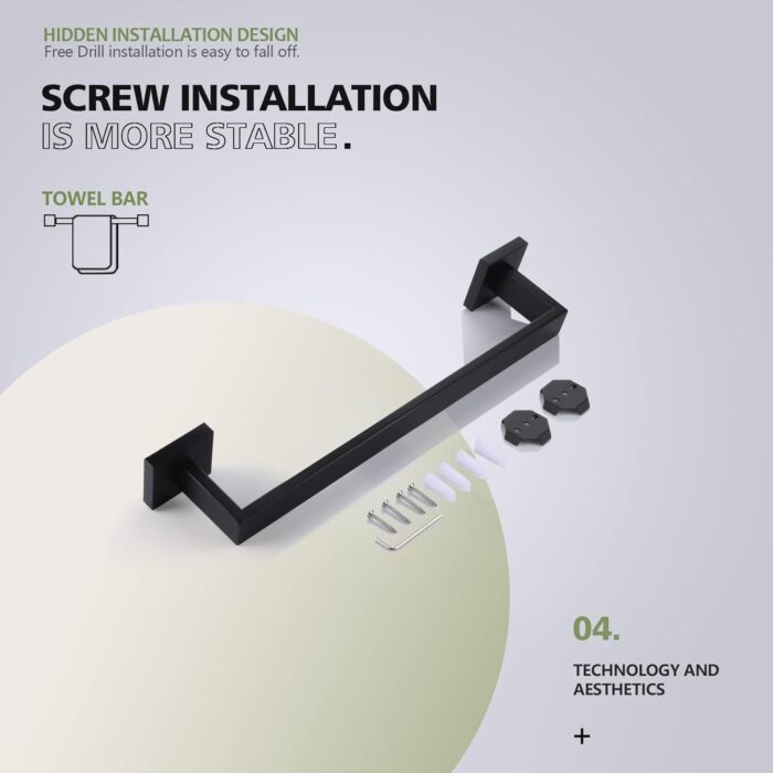 KOKOSIRI 16-Inch Single Towel Bar, Bathroom Kitchen Towel Holder, Wall Mounted SUS304 Stainless Steel Towel Rack, Matte Black, B4003BK-L16 - Image 7