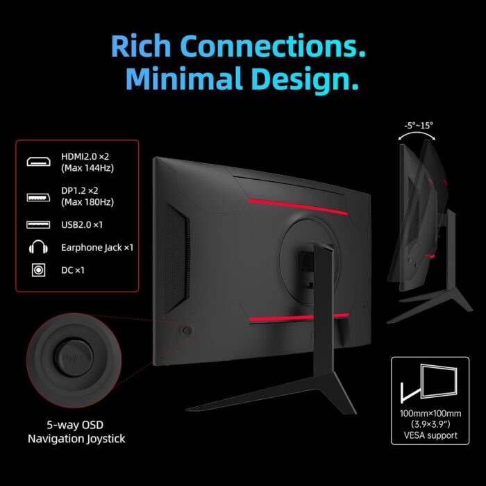 KTC 27 inch 180Hz Curved WQHD Gaming Monitor, 2K(2560x1440P),144Hz Monitor, 1500R HVA Display, FreeSync Premium, HDR, 120% sRGB, DisplayPort/HDMI/USB Vesa,Computer Monitor for Gamers - Image 7