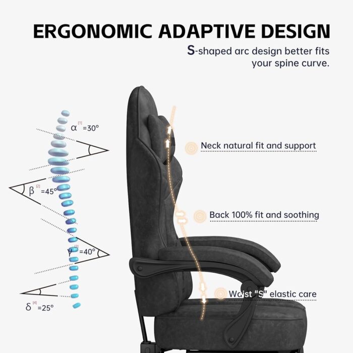 Submi Gaming Chairs, Ergonomic Gaming Chair with Footrest for Adults, Technology Fabric Computer Chair with Headrest and Lumbar Support, Reclining Chair PC Office Chair, High Back, 350 LBS, Black - Image 5