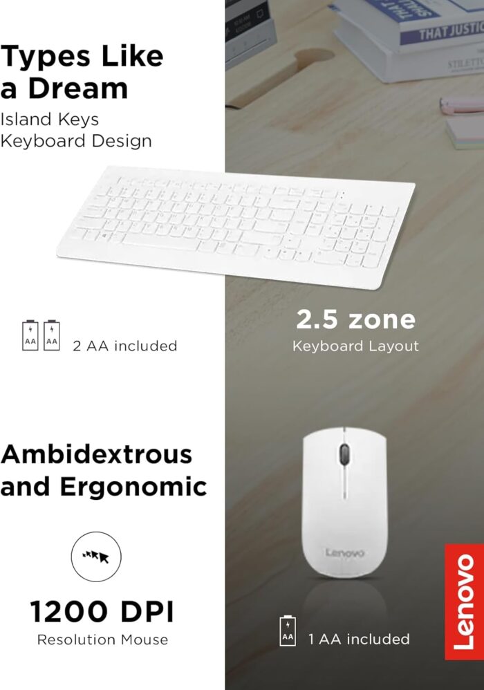 Lenovo 510 Wireless Combo with 2.4 GHz USB Receiver, Slim Full Size Keyboard, Full Number Pad, 1200 DPI Optical Mouse, Left or Right Hand, GX30W75336, White - Image 3