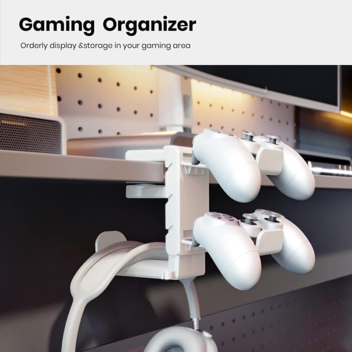 3 in 1 PC Gaming Headphone & Controller Holder, Headphones Hanger Adjustable Rotating Arm Clamp,Headphone Stand Under Desk, Universal Headset Controllers Hook with Cable Organizer-White - Image 3
