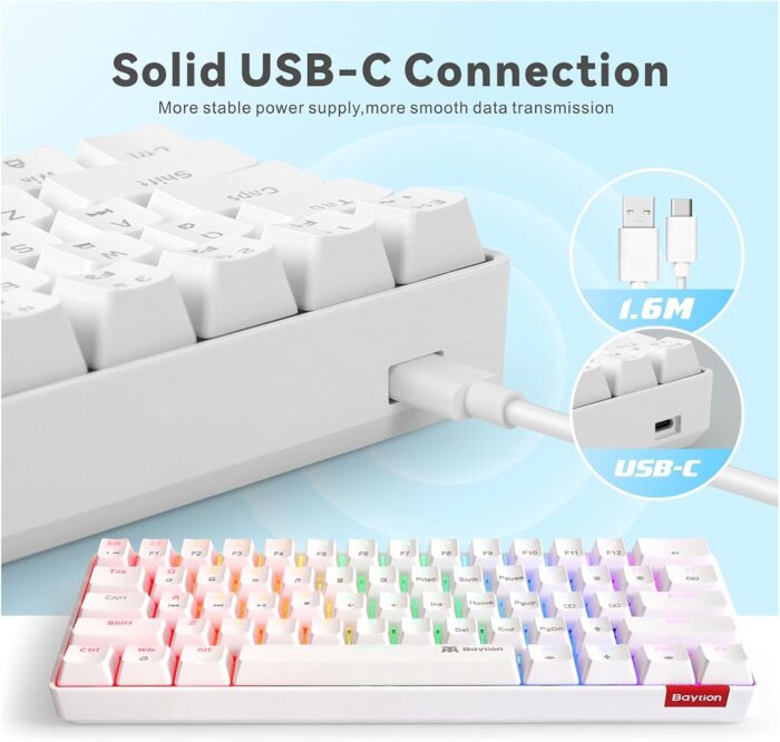 Baytion Mechanical Gaming Keyboard, 61 Keys Ultral Compact Wired Keyboard with Blue Switches and RGB Backlit for iOS, Android and Windows, White - Image 4