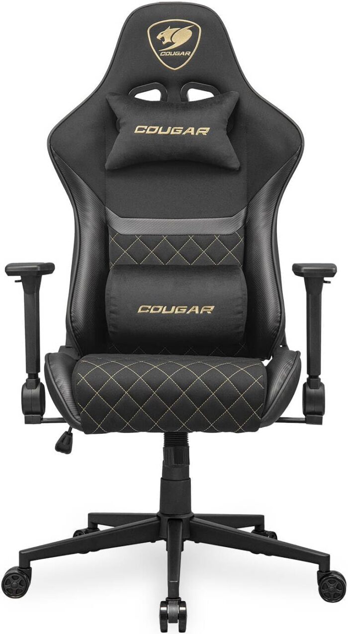 Cougar Armor One V2 Gold F Gaming Chair, Woven Fabric Surface, 4D Folding Armrests, 155° Reclining, Piston Lift Height Adjustment, Up to 120 kg Weight Support – Black & Gold