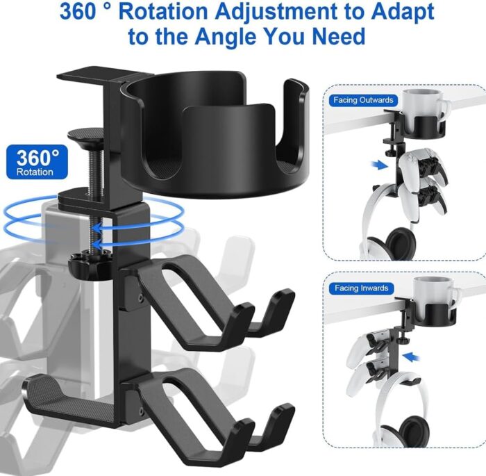 MIKUER 360° Rotating Desk Controller Headphone Holder - Larger Desk Cup Holder with Adjustable Headset Hanger Controller Stand | Clamp On Desk Organizer | Gaming Desk Accessories - Image 5