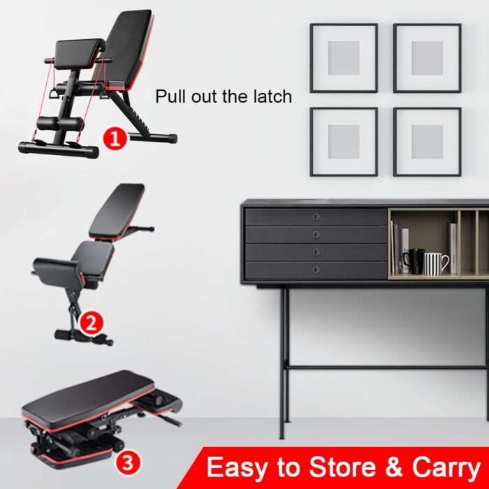 Gluckluz Adjustable Weight Bench Foldable Exercise Workout Utility Bench with 150KG Large Capacity & Elastic Ropes for Home Gym Full Body Fitness Strength Training Sit Up Flat Incline Decline - Image 3