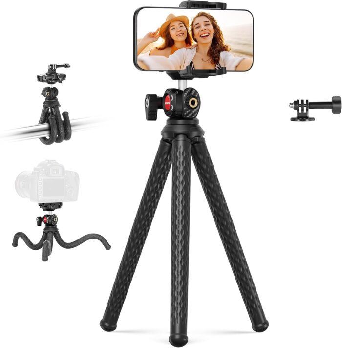 NEEWER Flexible Tripod with Remote Control, Mini Camera Kickstand with Smartphone Port and Action Cam Mount Compatible with iPhone GoPro Hero 12 11 10 DJI Insta360 Samsung for Vlog, TP34