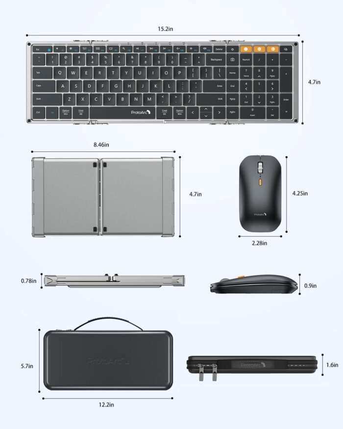 ProtoArc Foldable Keyboard and Mouse, XKM01 True Full-Size Folding Keyboard Mouse Combo for Business and Travel, 2.4G+Dual Bluetooth Portable Mouse Keyboard for Laptop iPads Tablets - Black Gray - Image 9