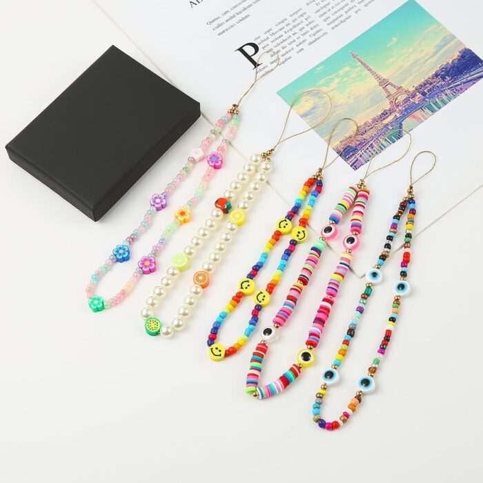 Wawasia Smiley Face Beaded Phone Lanyard, Mobile Phone Charm Wrist Strap, Fruit Star Letter Pearl Handmade Rainbow Polymer Clay Acrylic Beads Pearl Bracelet Keychain for Girls Women, 6 PCS - Image 2