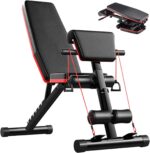 Gluckluz Adjustable Weight Bench Foldable Exercise Workout Utility Bench with 150KG Large Capacity & Elastic Ropes for Home Gym Full Body Fitness Strength Training Sit Up Flat Incline Decline