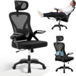 Ergonomic Office Chair, Computer Desk Chair, Mesh Rolling Work Chairs with Wheels and Adjustable Headrests, Comfortable Lumbar Support Gaming Chair, Comfy Flip-up Arms for Home,Bedroom,Study, Black