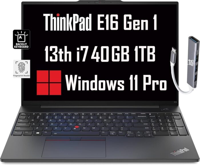 Lenovo ThinkPad E16 Business Laptop (16″ FHD+ Anti-Glare, Intel 13th Gen 10-Core i7-1355U, 40GB RAM, 1TB SSD), Backlit, Fingerprint, IST Hub, FHD Webcam, Ethernet, Wi-Fi 6, Win 11 Pro, Black