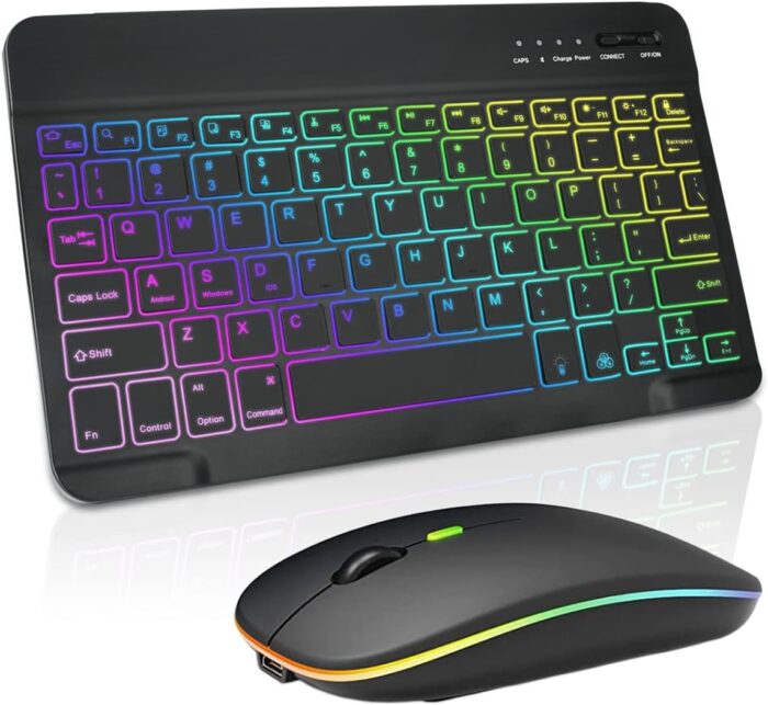 Ultra-slim Bluetooth Keyboard and Mouse Combo for iPad, Rechargeable Wireless Keyboard & Mouse with 7-Color Backlit, Compatible with iPad 9th/8th Gen, iPad Pro/Air/Mini, iPhone14/13/12 Pro (Black)