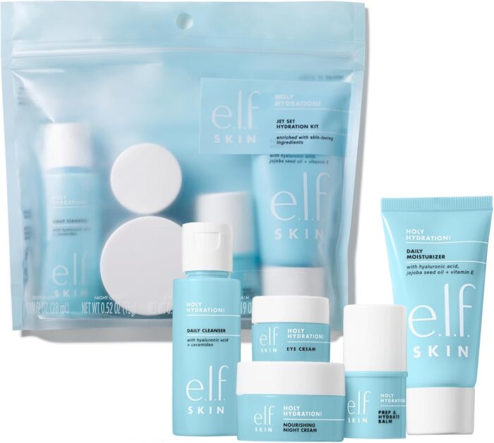 e.l.f. SKIN Jet Set Hydration Kit, Travel Friendly Hydrating Skincare Set, Face Cleanser, Balm, Moisturiser, Eye Cream and Night Cream, Vegan and Cruelty-Free